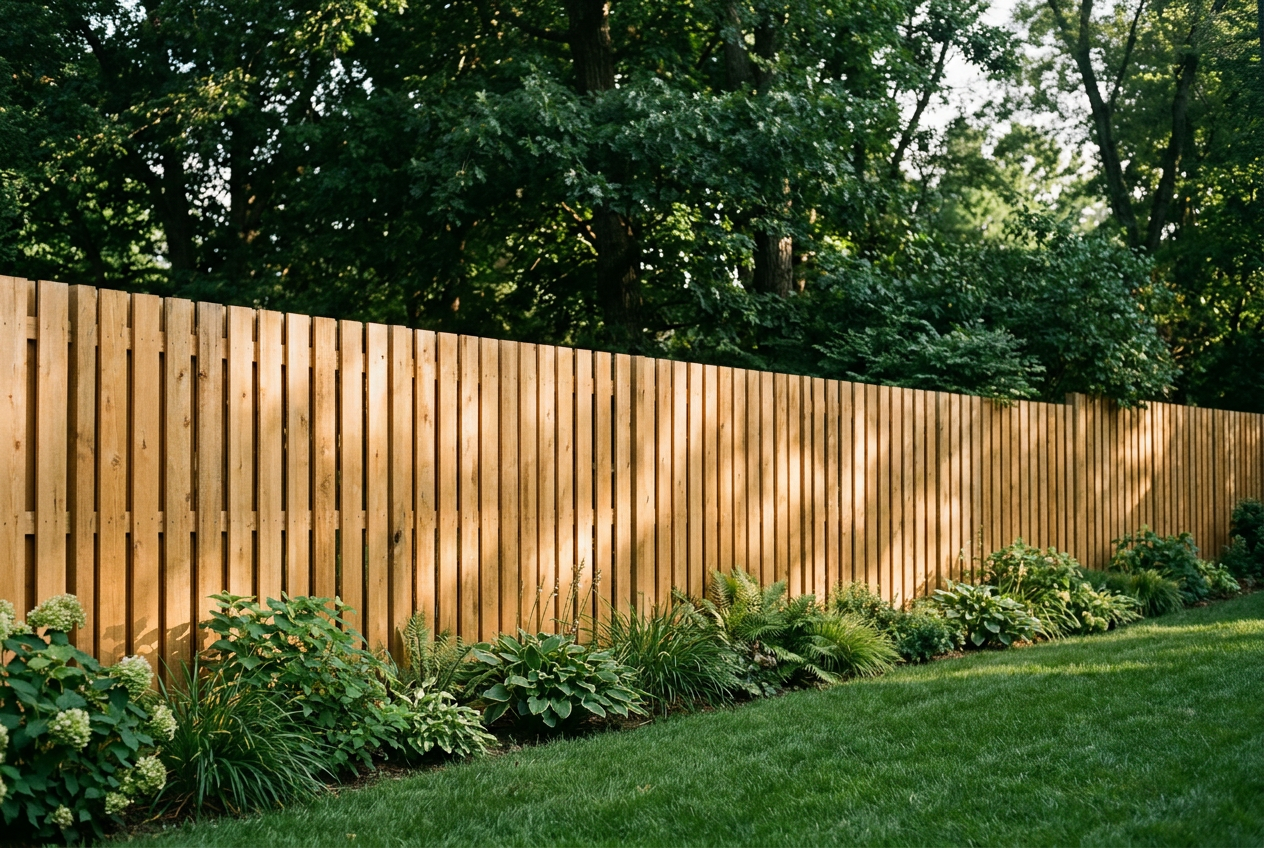 A beautifully crafted cedar privacy fence in a green residential backyard